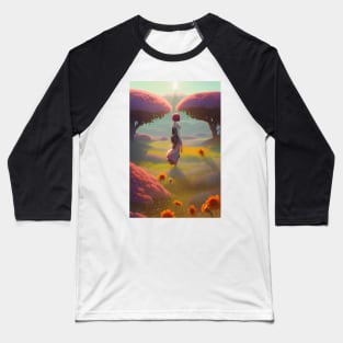 Cute Anime Girl in Field of Red Flowers & Trees - Sunshine Baseball T-Shirt